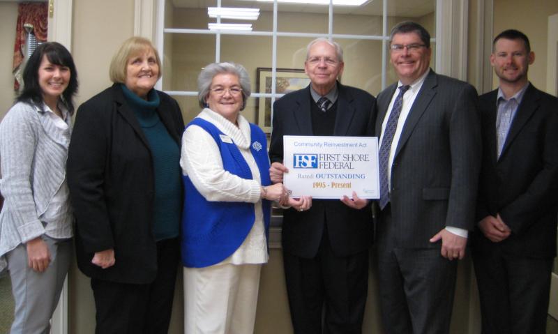 Celebrating 25 years of First Shore Federal’s outstanding community reinvestment are (l-r) Amy Holloway, Millsboro branch manager; Kay Lowe, Ocean View branch manager; Diane Koch, Sussex County loan officer; Bob Stickels, First Shore Federal board member; and Tom Robinson and Randy Merritt, manufactured home loan officers. SUBMITTED PHOTO